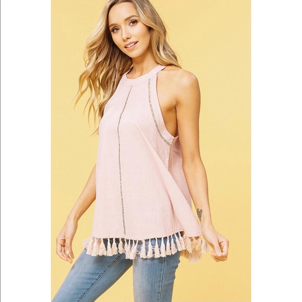Open Shoulder Fringed Halter Top - Picture 3 of 7